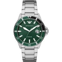 Stainless steel men's watch with green dial, date window, and silver indices by Emporio Armani.
