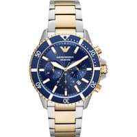 Two-tone Emporio Armani watch with blue dial, gold accents, and stainless steel bracelet.