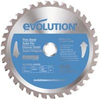 Circular saw blade with silver teeth, blue center label, and Evolution branding for thin steel cutting.