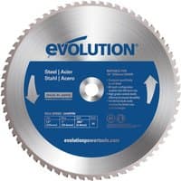 Silver Evolution 355mm chop saw blade with blue center label and sharp steel teeth for cutting mild steel.