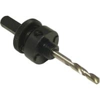 Black Faithfull holesaw arbor with hex shank and attached drill bit, designed for 32-210mm saws.