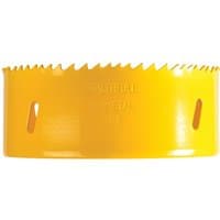 Yellow Faithfull 102mm bi-metal cobalt holesaw with jagged teeth and side slots for efficient cutting.