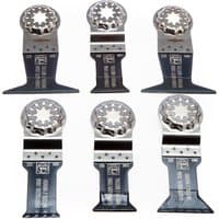 Set of six Fein E-Cut Starlock blades, silver tops with black bases, designed for cutting wood and metal.