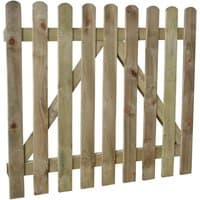 Forest wooden picket garden gate, 3'3"x3', pressure-treated, vertical slats, natural wood finish, sturdy design.