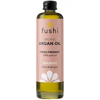 Fushi Organic Argan Oil 100ml in a clear bottle with pink label and black cap.