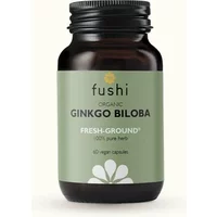 Fushi Organic Ginkgo Biloba bottle with green label, black cap, and white flower design, containing 60 vegan capsules.