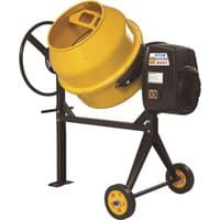 Yellow Handy concrete mixer with black frame, 550W motor, 125L drum, and two wheels for mobility.