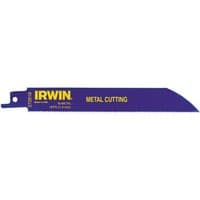 Blue Irwin reciprocating saw blade, 6"/150mm, 18tpi, with yellow branding and "Metal Cutting" text.