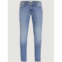 Blue denim skinny jeans with faded wash, button closure, and five-pocket design, labeled Jack & Jones Liam, size 32R.