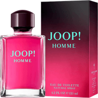 Joop Homme Eau De Toilette, 75ml, pink glass bottle with dark cap, next to matching gradient box.
