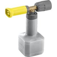 Gray and yellow Kärcher pump with a rectangular base, cylindrical body, and adjustable nozzle.