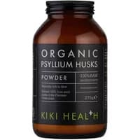 Brown bottle of KIKI Health Organic Psyllium Husk Powder, 275g, with black label and green text.