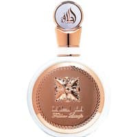 Round rose gold perfume bottle with ornate cap and embossed floral design, Lattafa Fakhar Rose Woman Eau de Parfum.