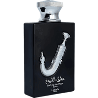 Lattafa Ishq Al Shuyukh Silver Eau De Parfum, 100ml black bottle with silver hookah design and metallic cap.