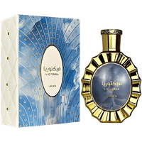 Lattafa Victoria Eau De Parfum 100ml, gold fluted bottle with blue cloud design, matching blue and gold box.