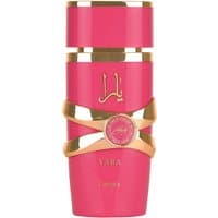 Pink Lattafa Yara Candy Eau de Parfum bottle with gold accents and Arabic script, 100 ml.