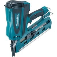 Makita GN900SE 7.2V gas nailer in teal and black with ergonomic handle and silver nail magazine.