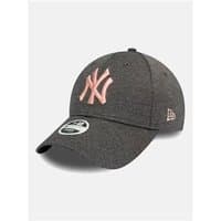 Grey New Era 9Forty cap with pink logo, curved brim, and adjustable strap.