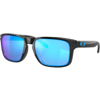 Black Oakley Holbrook sunglasses with blue mirrored lenses and square frame design.
