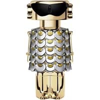 Gold Paco Rabanne Fame Eau De Parfum bottle shaped like a robot with black sunglasses and metallic scales.