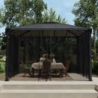 Black gazebo netting for Martinique 3000/3600, covering a square gazebo with a dining set inside.