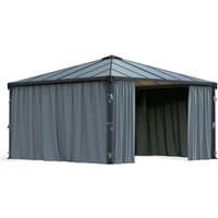 Gray Palram Canopia Palermo 4300 gazebo curtains with metal frame and peaked roof, partially open on one side.