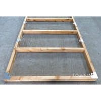 Wooden QuickJACK adjustable shed base system with metal brackets on a concrete surface.