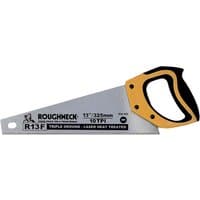 Roughneck 13” fine cut saw with black and yellow handle, silver blade, and hard point teeth.