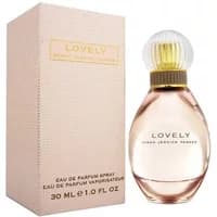Sarah Jessica Parker Lovely Eau De Parfum 30ml, clear round bottle with gold cap, next to pink box.