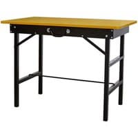 Sealey 1m portable folding workbench with yellow wooden top and black metal legs, featuring a central handle.