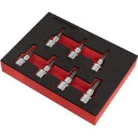 Sealey 7pc hex socket bit set with silver sockets in a black and red foam tray, arranged in two rows.