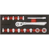 Sealey 15-piece socket set with silver ratchet, extension bar, and sockets in a black and red organizer tray.