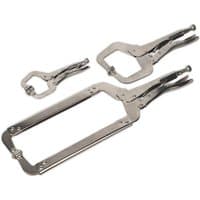 Sealey AK66 3 piece set of silver locking welding C clamps with adjustable jaws and ergonomic handles.