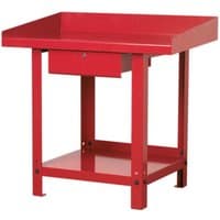 Red Sealey steel workbench with one central drawer, raised back edge, and sturdy legs.