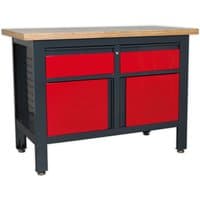 Black and red Sealey workstation with wooden top, featuring two drawers and two cupboards.