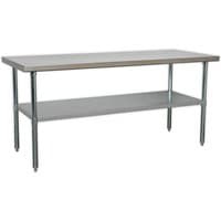 Stainless steel workbench with a flat top, sturdy legs, and a lower shelf for storage, measuring 1.8 meters.