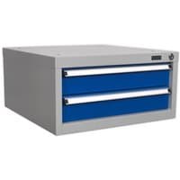Gray Sealey double drawer unit with blue drawer fronts and metal handles, designed for API series workbenches.