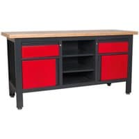 Black and red Sealey workstation with two drawers, two cupboards, and wooden top.