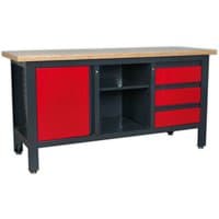 Black and red Sealey workstation with three drawers, one cupboard, and wooden top.