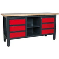Sealey AP1905D workstation with six red drawers, open center shelves, and a wooden top.