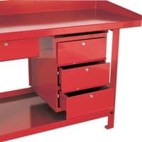 Red Sealey AP3 3 drawer unit with metal handles, designed for AP10 & AP30 series benches, partially open drawers.