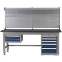 Sealey industrial workstation with blue drawers, black worktop, and perforated metal backboard for tool storage.