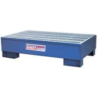 Blue Sealey DRP10 Barrel Bund with grated top, rectangular shape, and Sealey logo on the side.