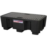 Black Sealey DRP17 barrel bund with grid top, rectangular shape, sturdy polyethylene construction, Sealey logo on side.