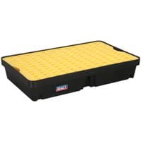 Black Sealey DRP33 60L spill tray with yellow perforated platform and Sealey logo on the side.