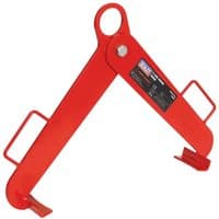 Red Sealey Drum Grab with two legs, 500kg capacity, features a central lifting ring and two curved hooks.