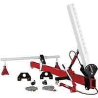 "Red and white Sealey body straightener kit with hydraulic pump, chains, and adjustable upright support"