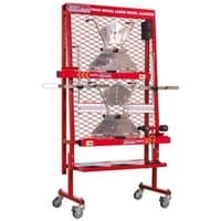 Red Sealey GA70 four-wheel laser aligner with mesh frame, adjustable arms, and caster wheels.