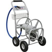 Sealey HRCHD Hose Reel Cart, heavy-duty metal frame, four wheels, blue hose, and storage basket.