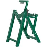 Green Sealey heavy-duty log stand with serrated jaws and folding A-frame design.